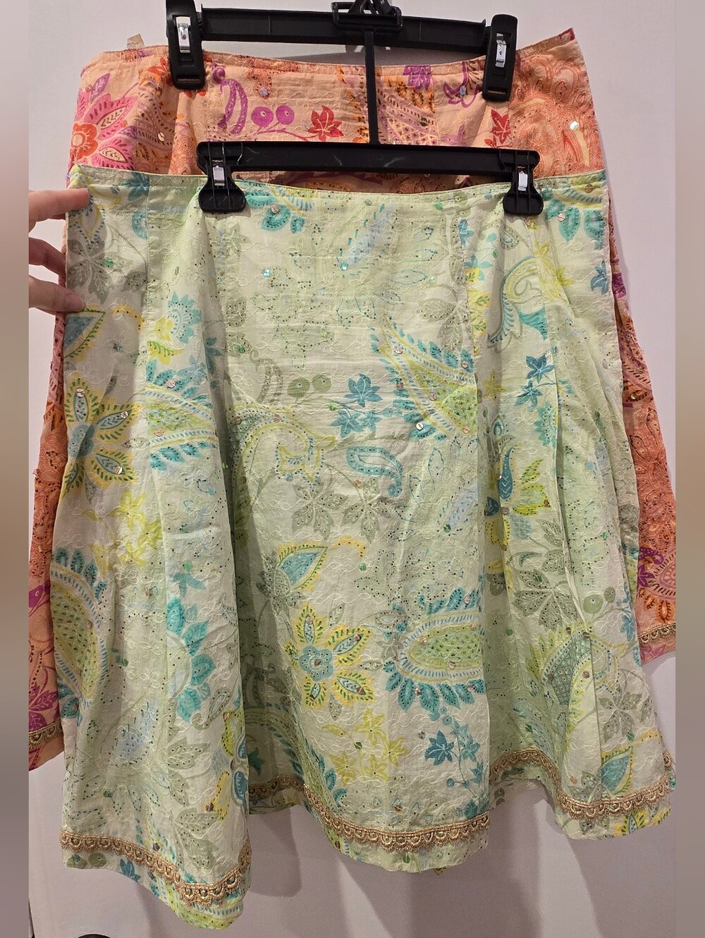 Two Express Paisley Pleated A-line Skirts - Pale Green And Orange Pink